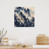 Poster met blauwe inkt nevelige berg (Keuken)
