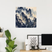 Poster met blauwe inkt nevelige berg (Thuiskantoor)
