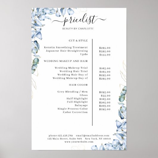 Poster met de blauwe Eucalyptus Salon-prijslijst (Voorkant)