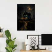 Poster met een Grimmige Gotische Cottage Nachtland (Thuiskantoor)