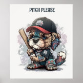 Poster met een schattige puppy die honkbal speelt (Voorkant)