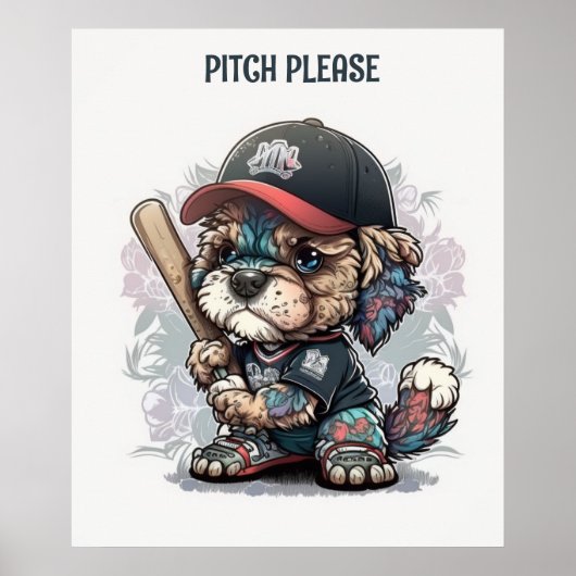 Poster met een schattige puppy die honkbal speelt (Voorkant)