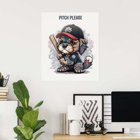 Poster met een schattige puppy die honkbal speelt (Thuiskantoor)