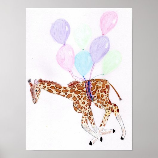 Poster met giraffe die met ballonnen vliegt (Voorkant)