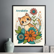 Poster met kat en bloemen