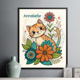 Poster met kat en bloemen