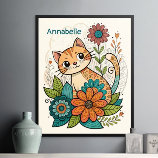 Poster met kat en bloemen