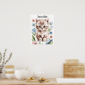 Poster met knuffelbaar katje en lentebloemen (Keuken)