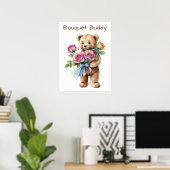 Poster met knuffelbeer en bloemenboeket  (Thuiskantoor)