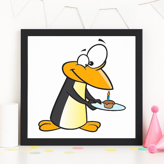 Poster met pinguïn met een cupcake
