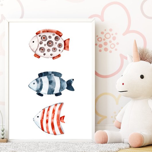 Poster met rode en blauwe vissen onder de zee