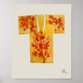 Poster met rode en gele Japanse nagajuban