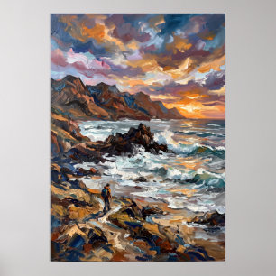 Poster met rotsachtige kust zonsondergang zeegezic
