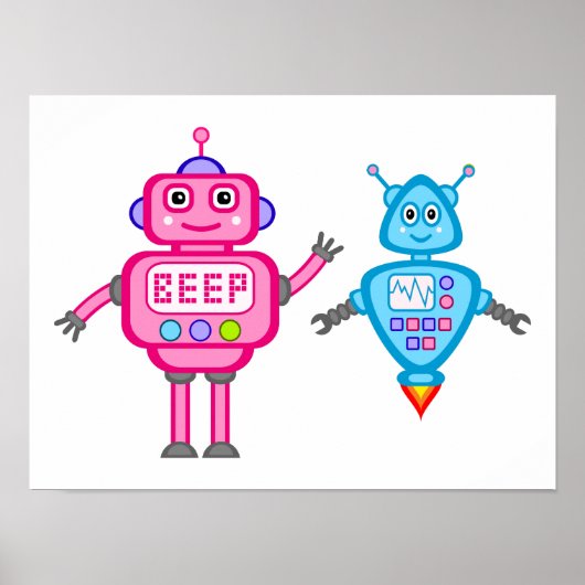 Poster met roze en turkooizen robots wanddecoratie (Voorkant)