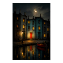 Poster met schemerig grachtenlandschap bij nacht
