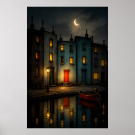 Poster met schemerig grachtenlandschap bij nacht