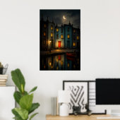 Poster met schemerig grachtenlandschap bij nacht (Thuiskantoor)
