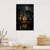 Poster met schemerig grachtenlandschap bij nacht (Keuken)