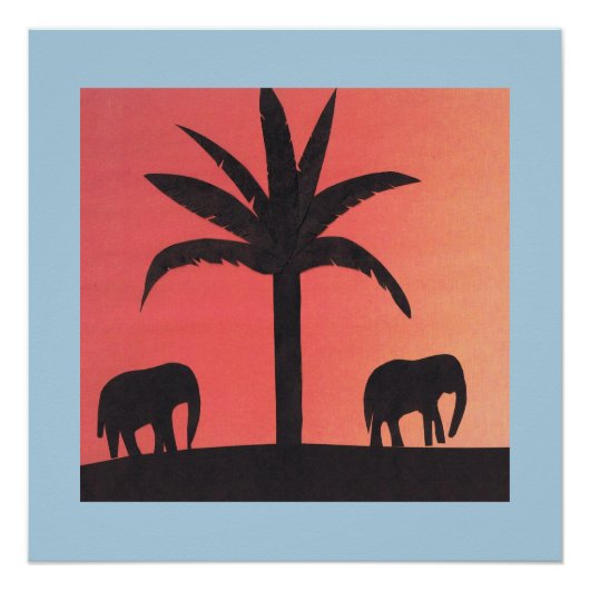 Poster met Silhouettes of Elephants en een Palm (Voorkant)