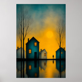 Poster met somber surrealistisch landschap en eenz