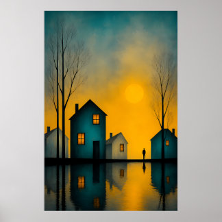 Poster met somber surrealistisch landschap en eenz