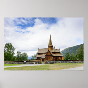 Poster met staafkerk in Lom, Noorwegen