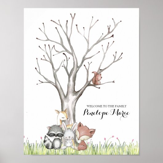 Poster met vingerafdruk bosdieren voor babyshower (Voorkant)
