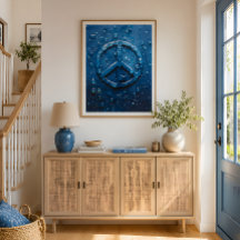 Poster met vredessymbool en blauwe waterdruppel
