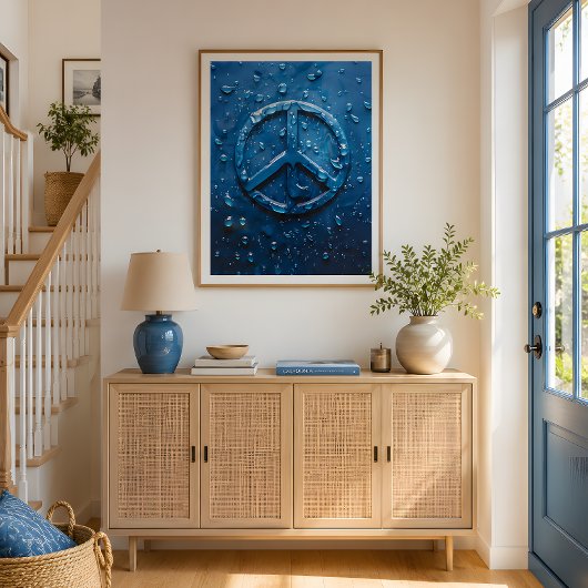 Poster met vredessymbool en blauwe waterdruppel