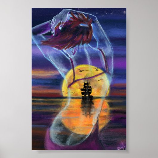 Poster met vrouw bij zee zonsondergang (Voorkant)