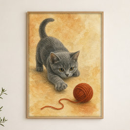 Poster met waterverf van een kitten die een garenb