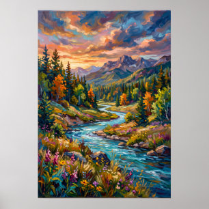 Poster met wilde bloemen aan berg rivier