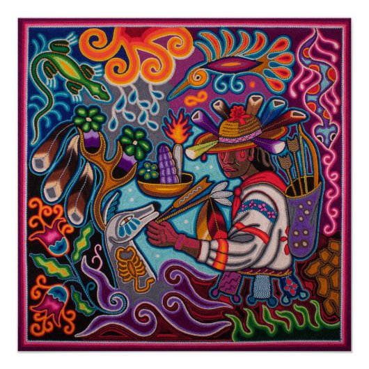 Poster mexicano huichol - Cazador y venado (Voorkant)