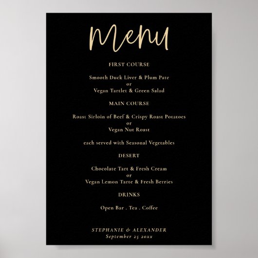 Poster Modern Gold Script Black Wedding Menu (Voorkant)