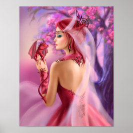 Poster mooie fantasiemannetje koningin en rood dra