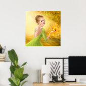 Poster mooie romantische vrouw en fantasievogel (Thuiskantoor)