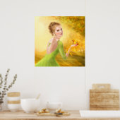 Poster mooie romantische vrouw en fantasievogel (Keuken)
