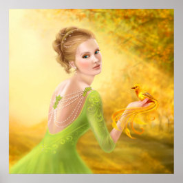 Poster mooie romantische vrouw en fantasievogel