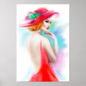 Poster mooie vrouw in rood pet en jurk (Voorkant)