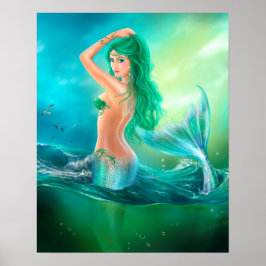 Poster-mooie zeemeermin op de oceaan op golven poster