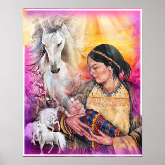 Poster Native American women and white paarden