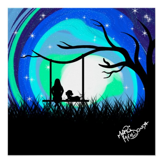 poster noite no balanço menina e cachorro (Voorkant)