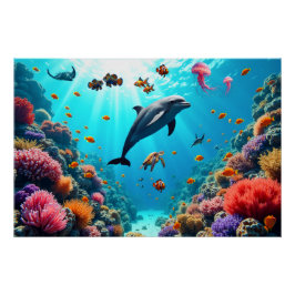 Poster Oceaanleven met Dolfijn en Koraalrif