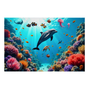 Poster Oceaanleven met Dolfijn en Koraalrif