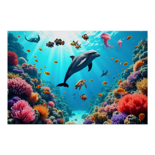 Poster Oceaanleven met Dolfijn en Koraalrif (Voorkant)