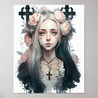 Poster of a Creepy Girl, Gothic Flowers