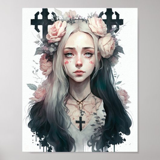 Poster of a Creepy Girl, Gothic Flowers (Voorkant)