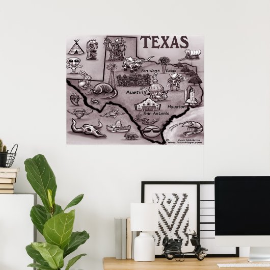 Poster Old Texas Cartoon Map (Thuiskantoor)