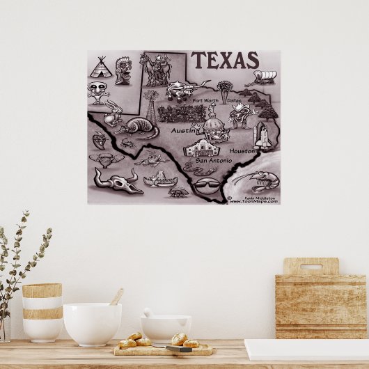 Poster Old Texas Cartoon Map (Keuken)