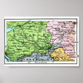 Poster - Oude kaart van Yorkshire/Lancashire 